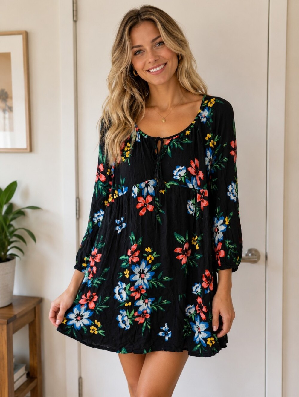 Old Navy Black Floral Tie-Neck Dress